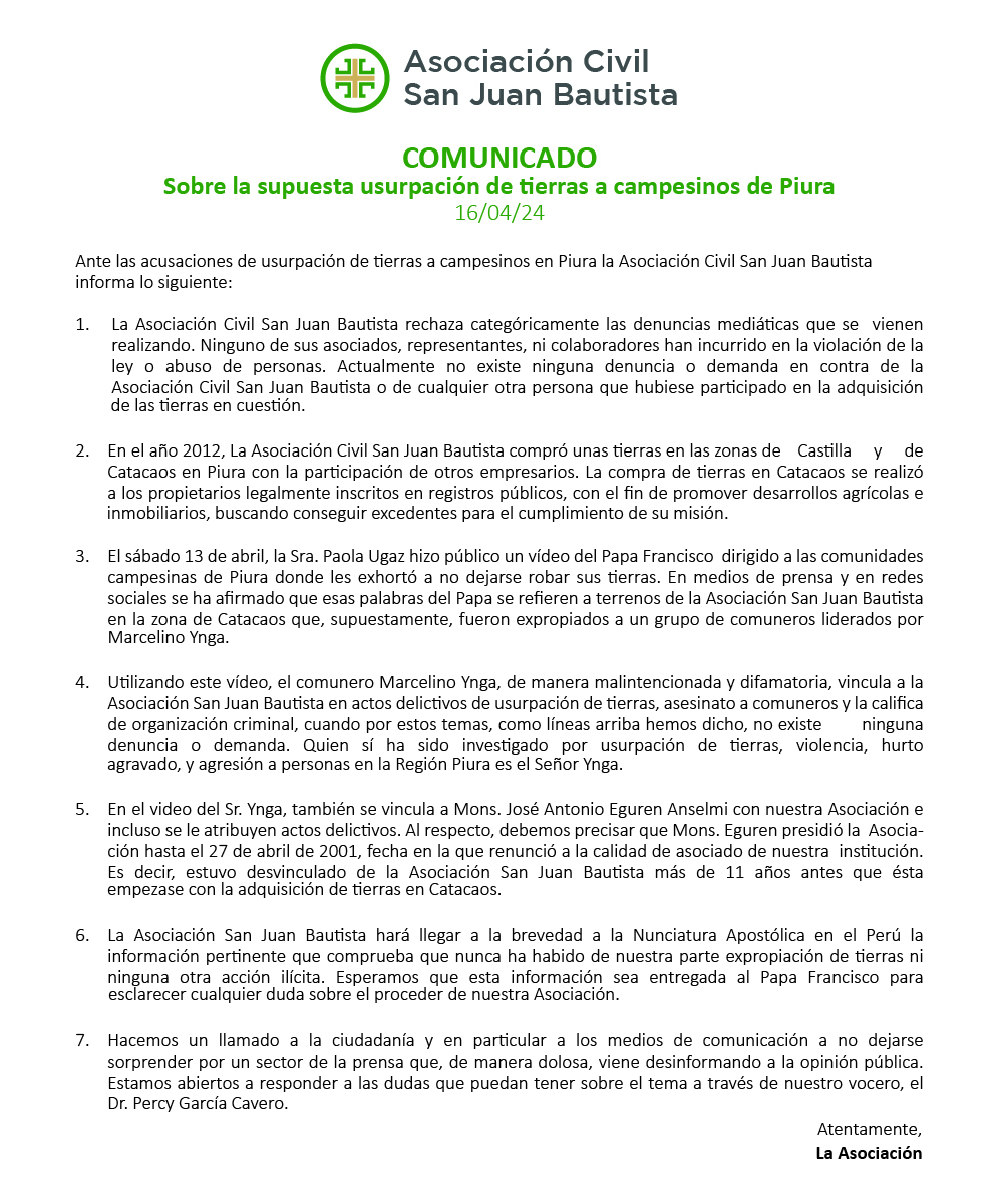 Comunicado de prensa Asociación Civil San Juan Bautista